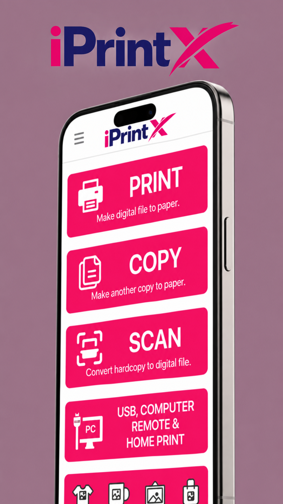 iPrintX mobile app showing Print, Copy and Scan options