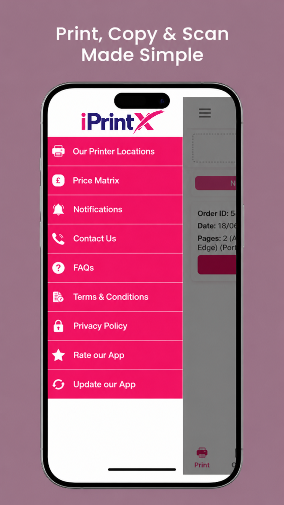 iPrintX app menu for print copy and scan