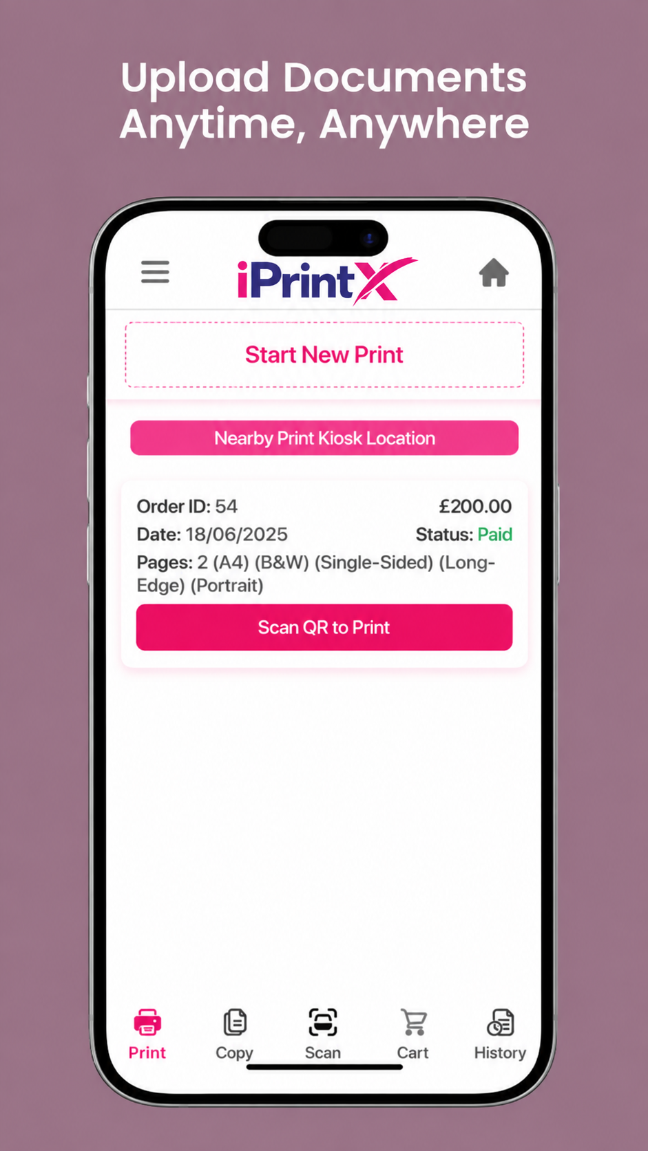 iPrintX app screen for uploading documents and finding nearby print kiosks